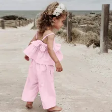 Детская одежда для маленьких девочек топы с оборками на лямках, футболка+ штаны+ повязка на голову комплект для малышей Bebek Giyim vetement enfant fille