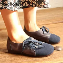 Women Flat Shoes Genuine Leather Ladies Slip on Loafers Casual Shoes for Women Round Toe Soft Flats Vintage Lace Up Shoes