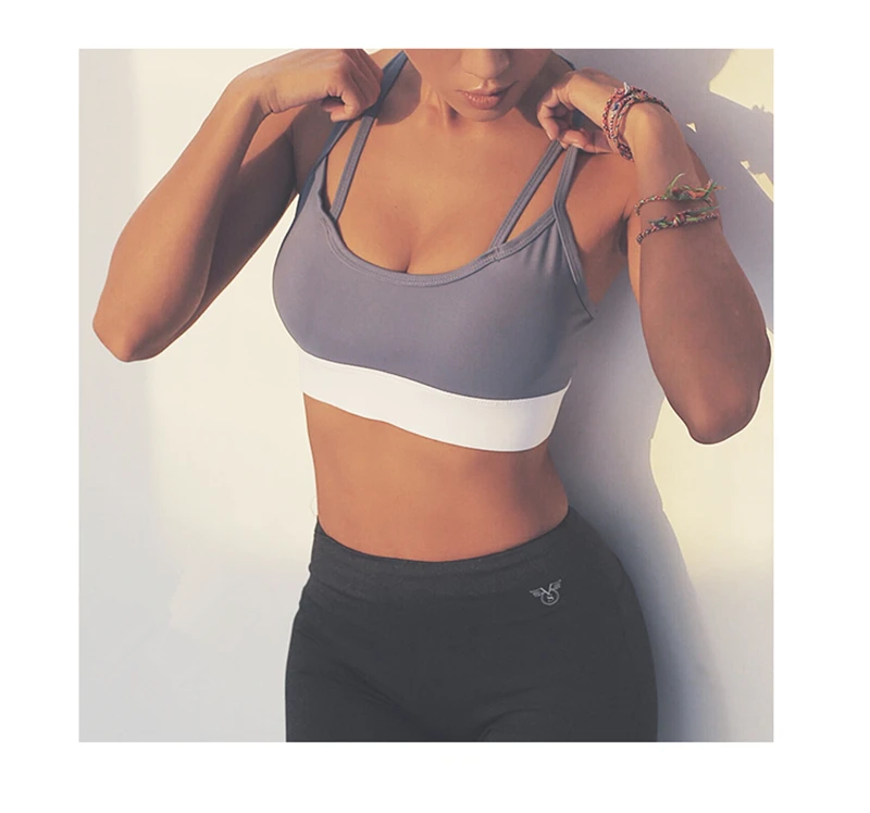 Kopen Oyoo dubbele lijn push up sport beha leuke grijs strappy bralette sexy draadloze ondergoed vrouwen gym crop top padded bras voor yoga