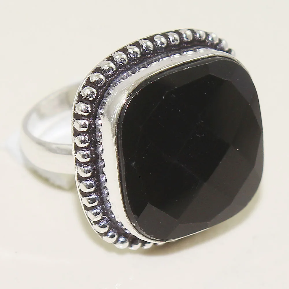 

Black Cut Stone Ring Silver Overlay over Copper , Size: 7.5, R1760