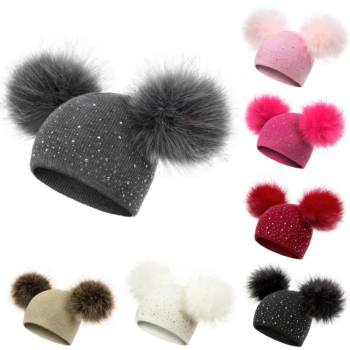 

New Baby Hat Winter Warm Cute Double Ball Plus Diamond Boy And Girl Warm Beanies Brand Baby Winter Hat Cotton Knit Hat Unisex