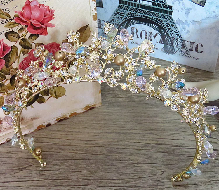 Для невесты украшения для волос барокко ручной работы из бисера роскошные розовые золотые короны кристалл тиара сладкая принцесса Диадемы Свадебные аксессуары для волос