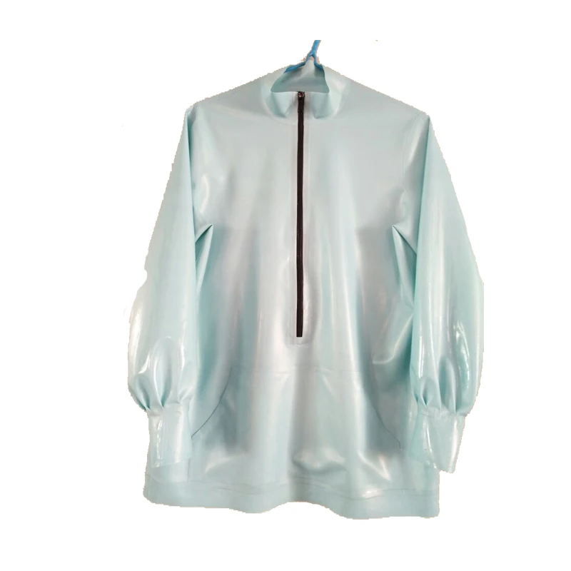 

2019 100% Rubber Top Latex Women Long Slevees Light Blue With Black Zipper Coat Size XXS-XXL