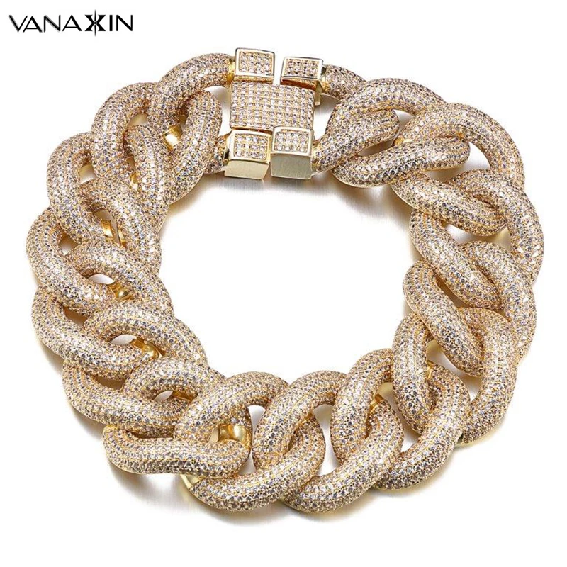 

VANAXIN Punk Micro Pave CZ Stone Bracelet Men Gold/Silver Color Cubic Zirconia Shiny 9'' Bracelets Hiphop Jewelry Handsome Gift