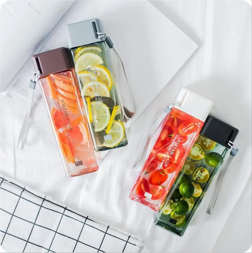 

480ml Creative Square Water Bottle Portable Hand Cup Unbreakable Plastic Transparent Sports Travel Bottle leakproof