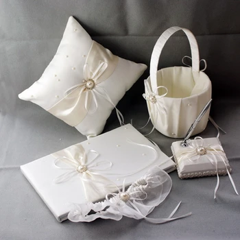 

Gorgeous Wedding Collection Set in Satin With Ribbons Faux Pearl (Set of 5) Guestbook Ring Pillow Pen Set and Flower Basket