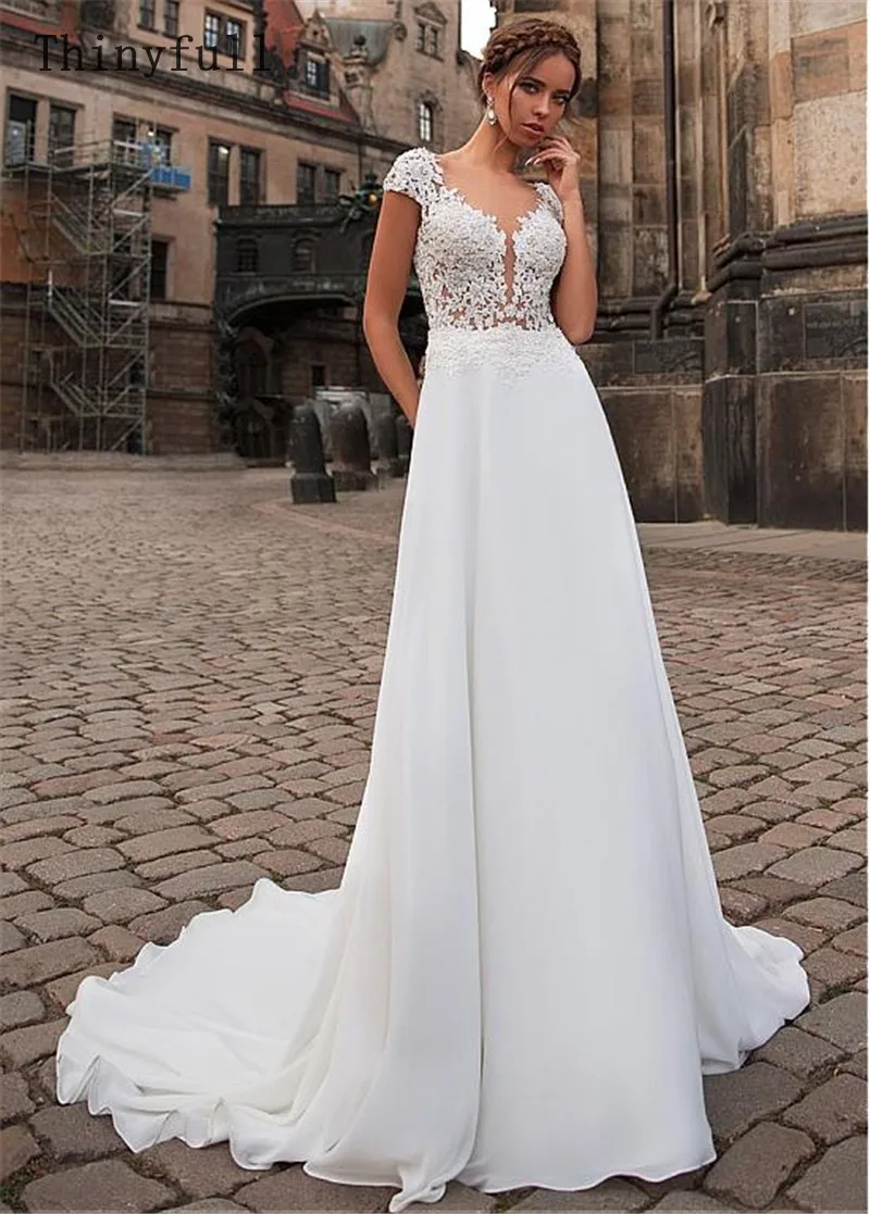 

Thinyfull 2019 vestido de noiva Elegant White Chiffon Wedding Dress Cap Sleeve With Lace Appliques Sheer A Line Bridal Gown