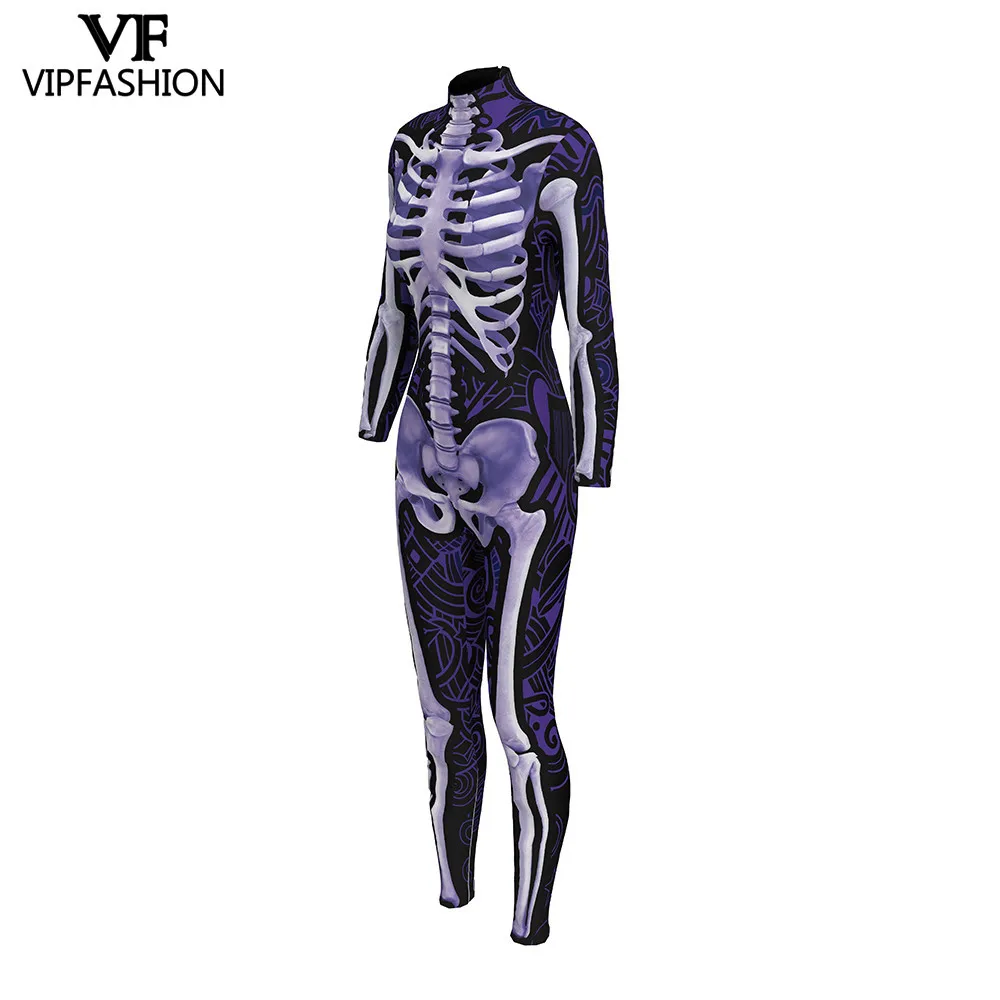 VIP FASHION Carnival Purim Party Cosplay Bodysuit Women Sexy Skeleton Printed Jumpsuit Rompers Costumes For Ladies