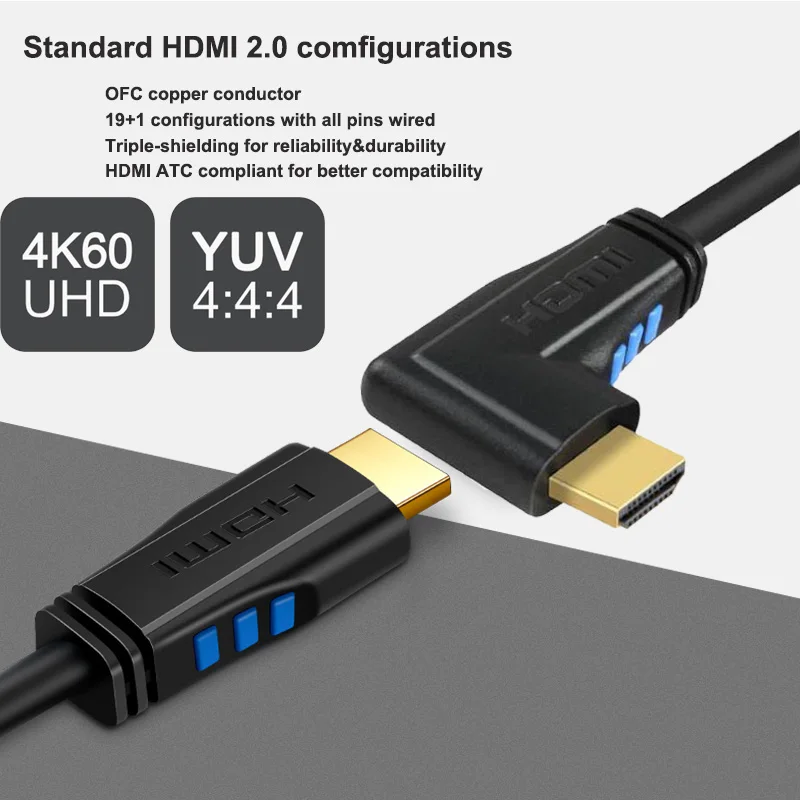 HDMI 2,0 кабель 90 градусов прямоугольный HDMI кабель 2,0 3 М 1,5 м 1 м 4 к/60 Гц HDCP 2,2 HDR для PS4 pro ПК ноутбука HDTV