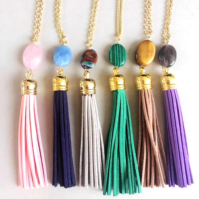 Fashion Synthetic Stones Long Tassel Pendant Necklace Oval ...