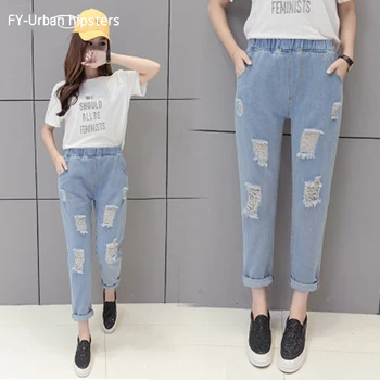 

New spring and autumn 2018 baggy big size jeans for women dark blue korean ripped jeans female ankle length straight jeans woman