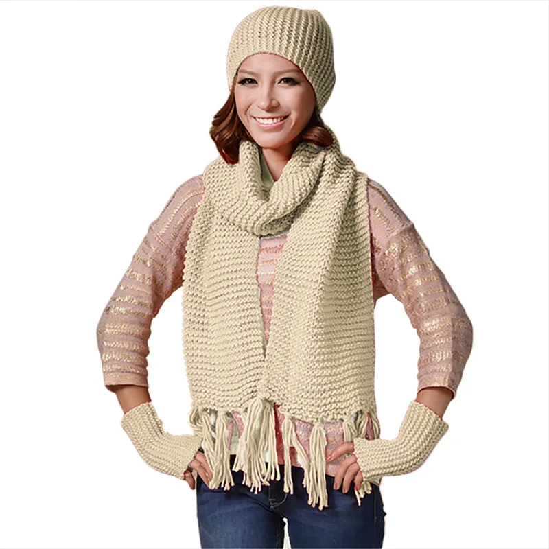 3 шт. шапка шарф перчатки осень зима тренд мужчины женщины с новой шерстяной шапкой кисточкой шарф перчатки вязаные из трех частей