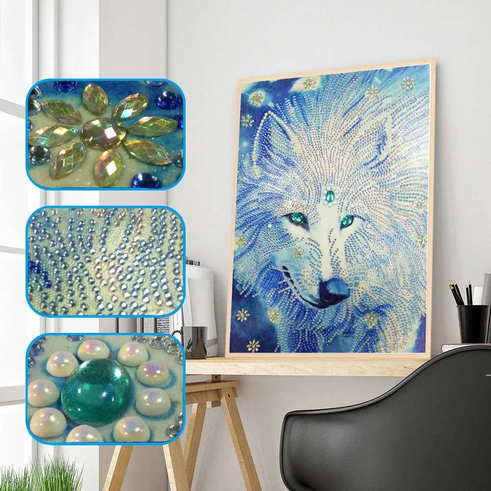 

Special Shaped "White Wolf"Diamond Painting DIY 5D Partial Drill Cross Stitch Kits Crystal 30x40cm