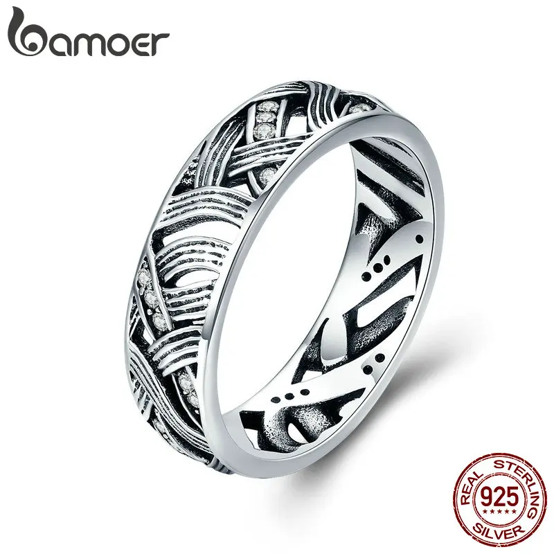 

BAMOER Authentic 925 Sterling Silver Vintage Stackable Retro Wave Finger Rings for Women Sterling Silver Jewelry Anel SCR253