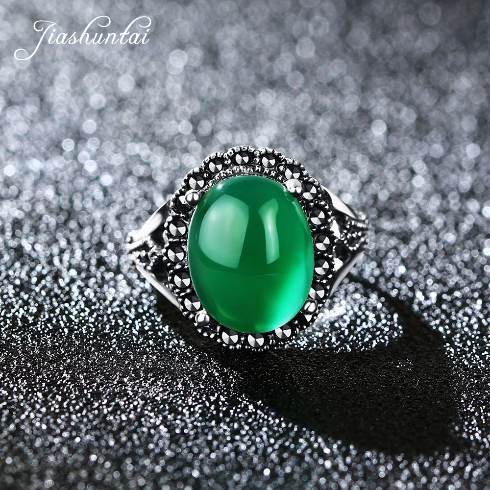 

JIASHUNTAI Retro 925 Sterling Silver Rings For Women Round Vintage Thai Silver Jewelry Green Stone Female