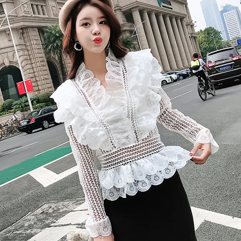 

2019 NEW spring Women Elegante Soild Lace Hollow Out Ruffles Blouses Shirts Lace Ruffle Tops flare sleeve