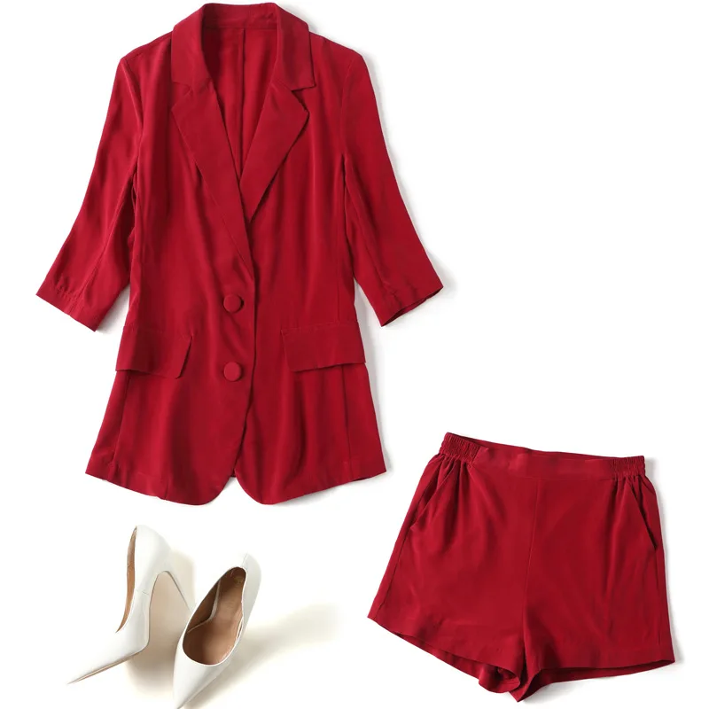 Burgundy Womens Silk Suits Blazer with Shorts Summer 2019 Chic Two Piece Set Top and Pants Vogue Office Ladies High Quality Coat