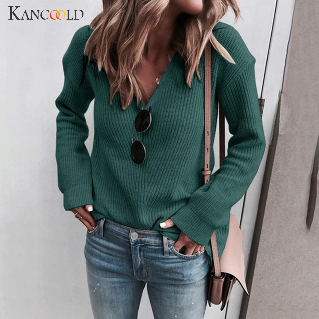 

KANCOOLD sweater Women's Fashion Casual Slim Fit V-neck Knitted Sweater Tops Long Sleeve Pullovers new sweater women 2019jul10