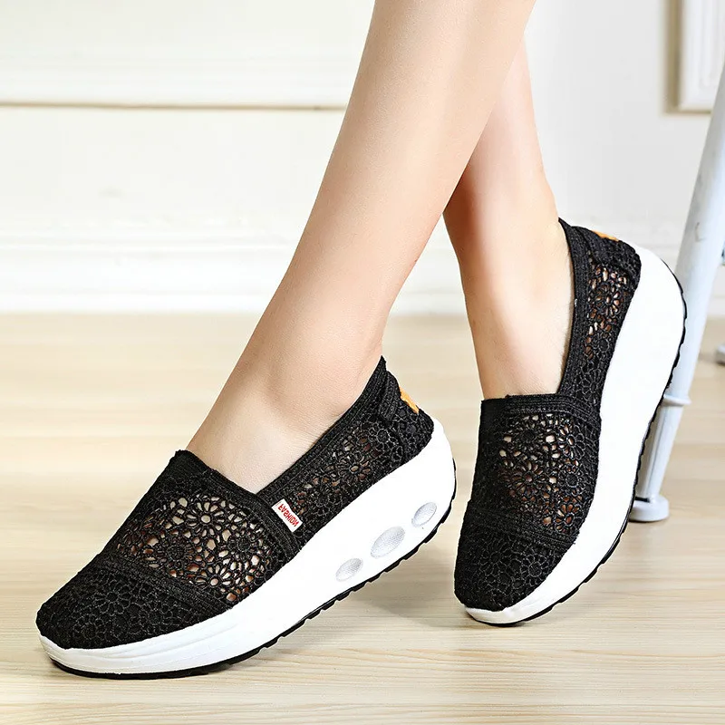 Women Flats Casual Shoes Light Weight Lace Hollow Out Thick Bottom Summer Spring Shoes Solid Color Lady Loafers Wedge Shoe 35-40