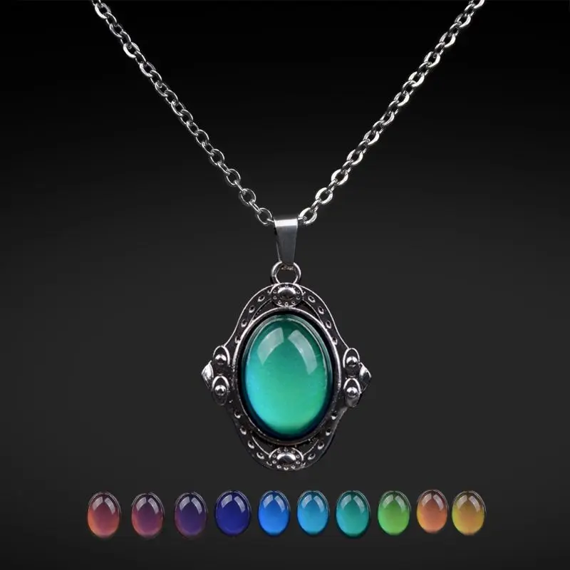 

1 Set Necklace + Ring Vintage Stone Temperature Sensing Mood Emotion Change Color Personality Jewelry Antique Fashion Pendant