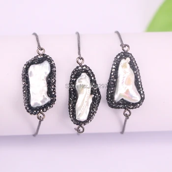 

6Pcs Pave Crystal Rhinestone Freshwater Pearl Bead charm adjustable chain bracelet