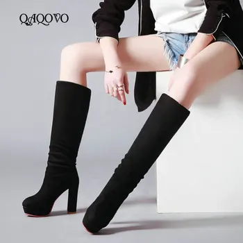 

Women Wintre Boots Faux Suede Square High Heel Knee High Boots Fashion Platform Wintre Warm Plush Slip On Ladies Boots Shoes