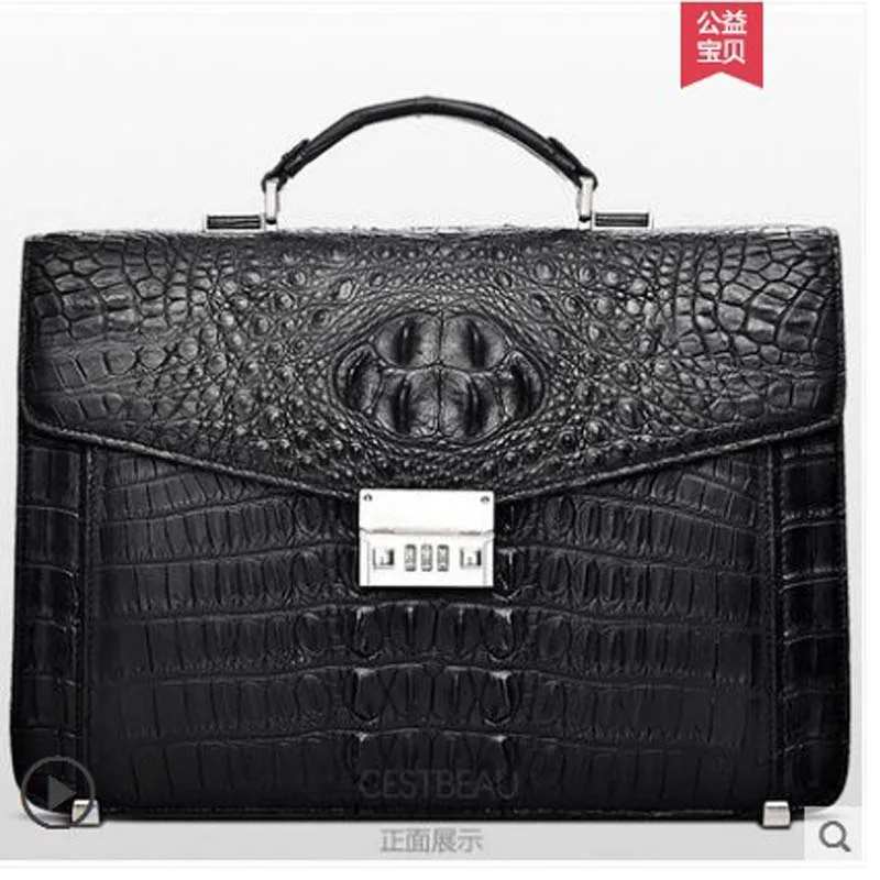

Cestbeau tries opening and closing men's bags for business documents with a combination padlock and real crocodile leather bag