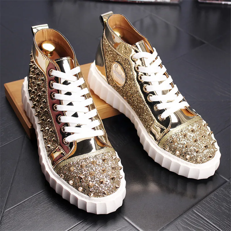 

2019 Fashion High Top Mens Sneakers Shoes Casual Rivet Studded Flats Men's Trainers Ankle Boots Spiked Shoes Men 9#30D50