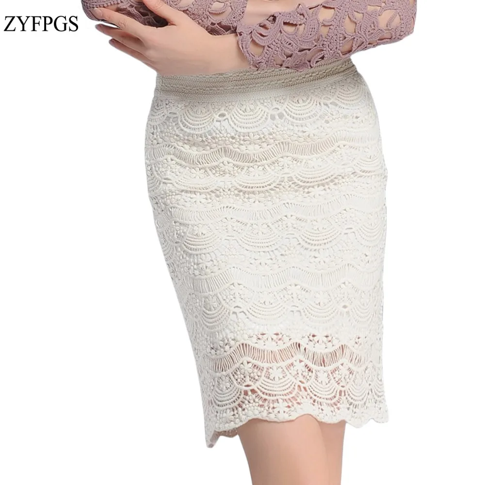 

ZYFPGS 2019 Casual Woman Lace Skirt Empire Skirts Women Pencil Hollow Out Plus Size 5XL #D0111
