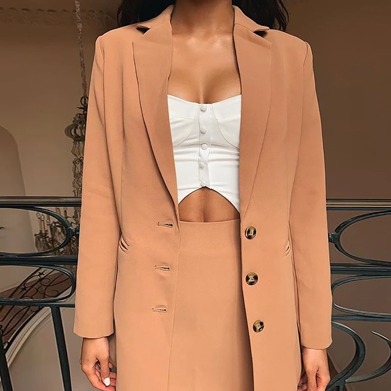 Womens Long Khaki Blazers for Autumn Winter 3 Buttons 2019 Female Formal Work Blazers with Pockets Casual Solid Jacket Suits