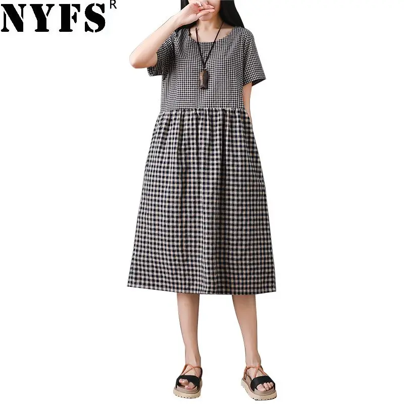 

NYFS 2019 New Summer Dress Plaid Women long Dress Fashion Loose Cotton Linen Women dress Vestidos Robe Elbise