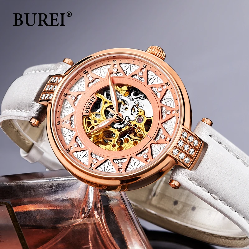 BUREI для женщин сапфир платье часы леди роскошные скелет наручные из натуральной