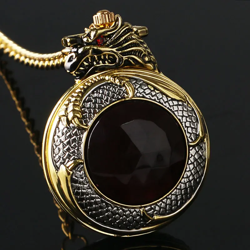 

Cool Dragon Surround Gemstone Cover Pocket Watch Men Women Unique Gift Qaurtz Watches P934C