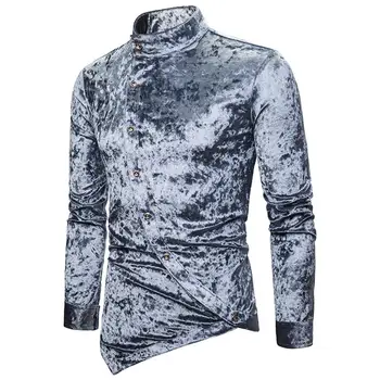 

Yfashion Fashion Oblique Button Plush Surface Men Shirts Irregular Stand Neck Long Sleeve Shirt Mens Tops Male Elegant Shirts