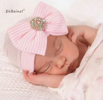 

E&Bainel Crochet Baby Spring Hat Bow Newborn Beanie Baby Girls Cotton Knit Beanie Infant Striped Caps Toddler Hat