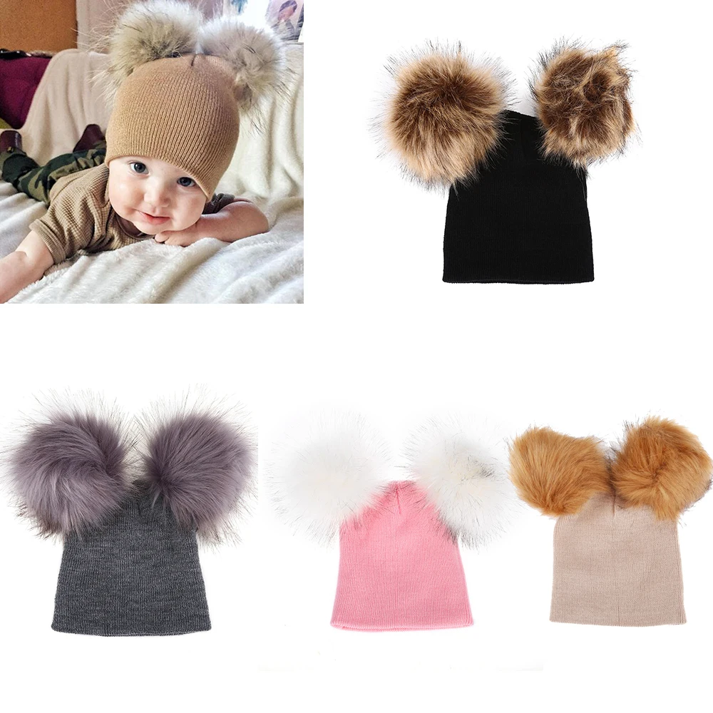 

2018 Winter Children Hat Toddler Kids Warm Winter Knit Beanie Hat With Fur Pom Pom Fashion Baby Boys Girls Cap Hat