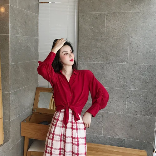 Hauts Manches Ensembles Ensemble Décontracté 2 Femmes Rétro Plaid Mi En Photo Poitrine Lanterne Color Unique Style Pièces Vêtements Col mollet V Jupes qw8Hw4PE