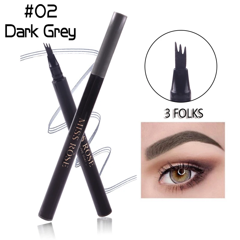 02 Dark Grey MISS ROSE, 3 головки, вилка, кончик бровей, карандаш, водостойкая, для бровей, тату, ручка, тонкий эскиз, жидкий, для увеличения бровей, краситель, оттенок, ручка, TSLM2 - Цвет: 02 Dark Grey