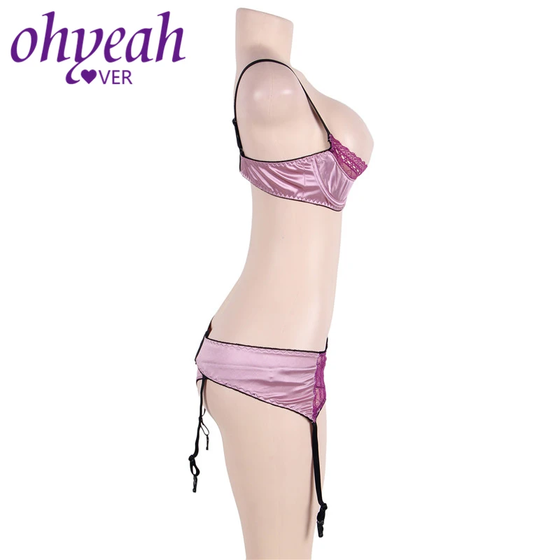 Ohyeahlover Sexy Open Cup Bra Panties Plus Size 5XL Conjunto Lingerie Garter Satin Lace Stitching Underwear Set Women RM80396