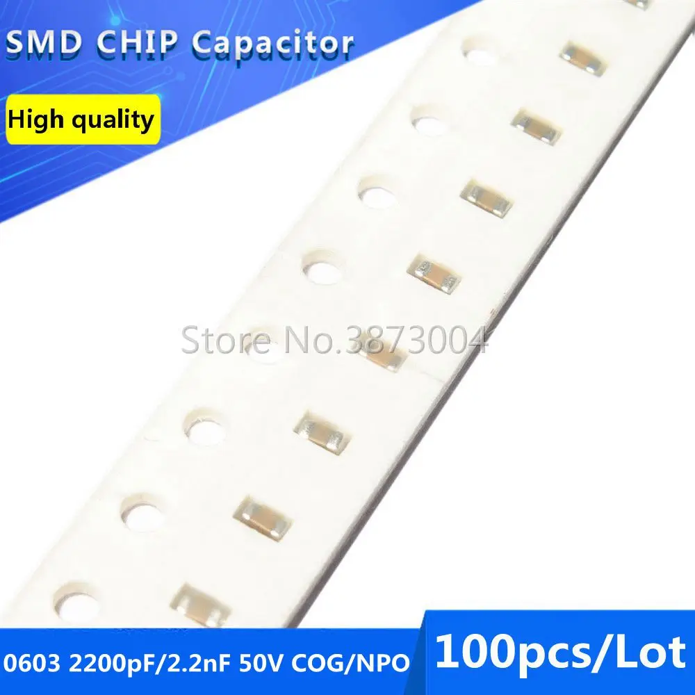 

100 шт., 0603 2200pF 2.2nF 50V COG/NPO 5% SMD чип-конденсатор