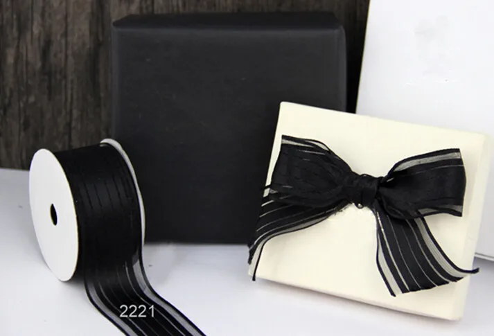 

N2221 38MM X 25yards roll black stripes organza satin ribbon wired edge gift box wrapping ribbon