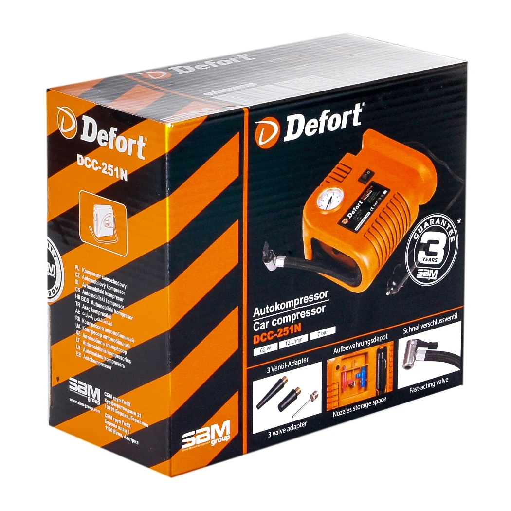 Компрессор автомобильный Defort DCC-251N ( воздушный шланг с клапаном быстрого подсоединения, отсек в корпусе для хранения насадок, укладка шланга и кабеля в корпус)