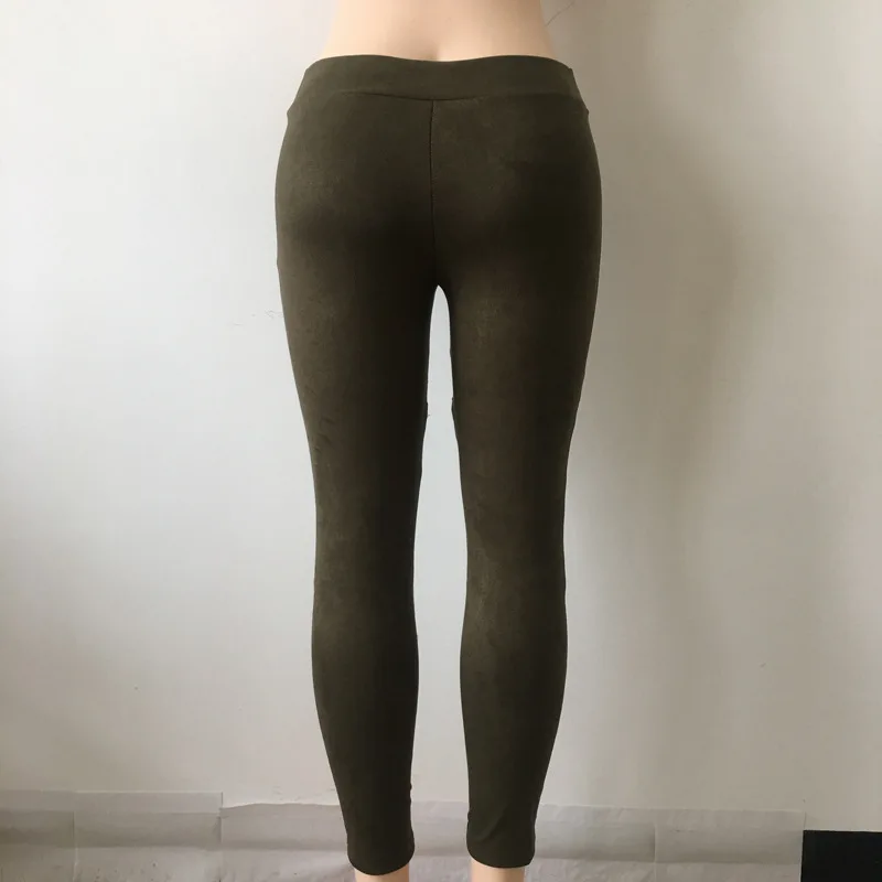 Suede Stretch Pleated Elastic Hollow Out Lace-up Bandage Pants Leggings