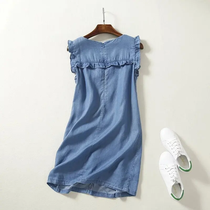 high waist sleeveless mini soft jeans dress frilled women ruffles casual summer sundress short denim beach dress cotton