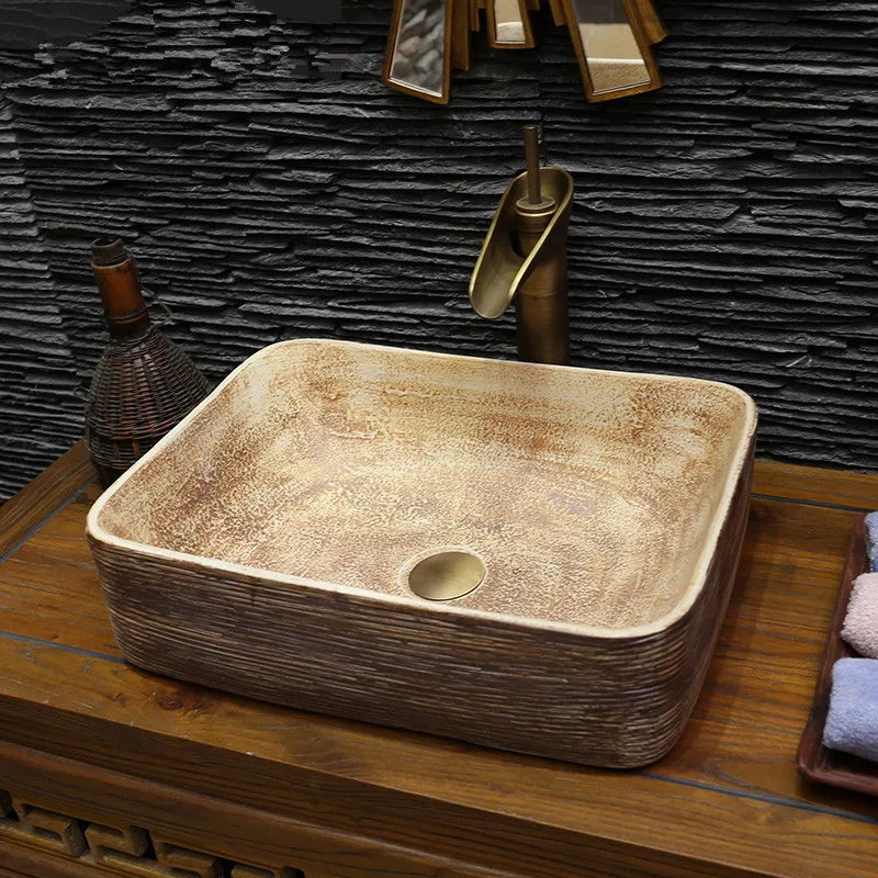 Rust grain vintage Europe Vintage Style China Handmade Lavabo Wash rectangle Artistic Bathroom Sink ceramic (23)