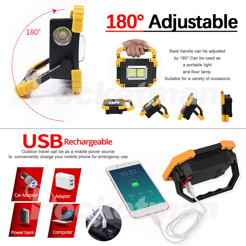  100W Led Portable Spotlight Work Light USB Rechargeable Flashlight 2*18650 Or 3*AA Battery For Hunt