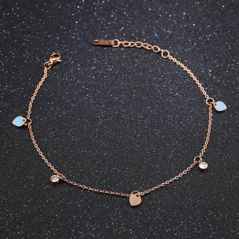 

Fate Love Elegent Zirconia Anklet For Women Mint Green Heart Rose Gold Color Stainless Steel Ladies Candy Color Jewelry Not Fade