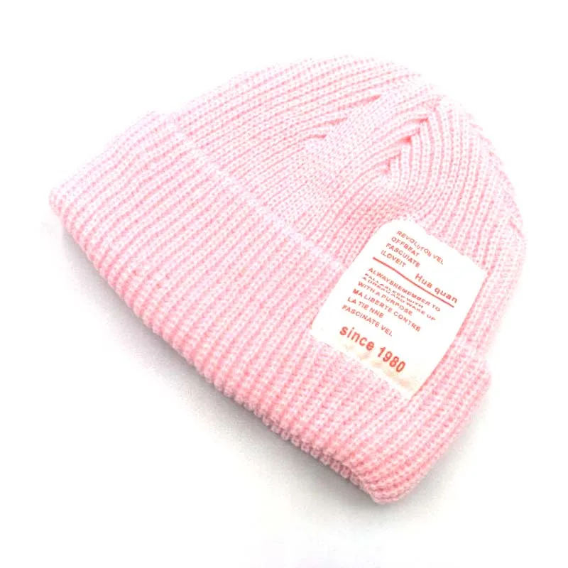 Корейский конфетных оттенков патч фланцевые детские вязаные шапки осень зима бренд Skullies Beanies Дети мальчик девочка шерстяная шапка с помпоном - Цвет: Розовый