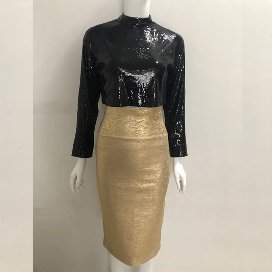 Новое Элегантное золотое и черное платье из 2 предметов с длинными рукавами и блестками, облегающее платье из разных материалов, сексуальное осеннее платье знаменитостей Vestidos