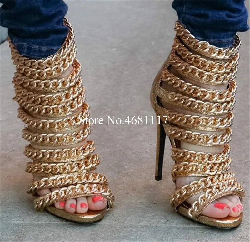 

Trend Summer Chain High-heeled Openwork Zipper Short Tube High-heeled Sexy Gold Exaggerated Sandals Cool Boots